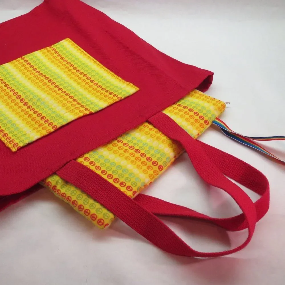 Red Canvas Tote with Rainbow Peace Sign inner pouch 2-piece set NEW
